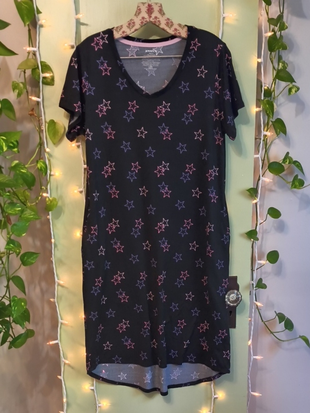Women's Joyspun Black T-shirt Star Pink Purple Nightgown Dress M